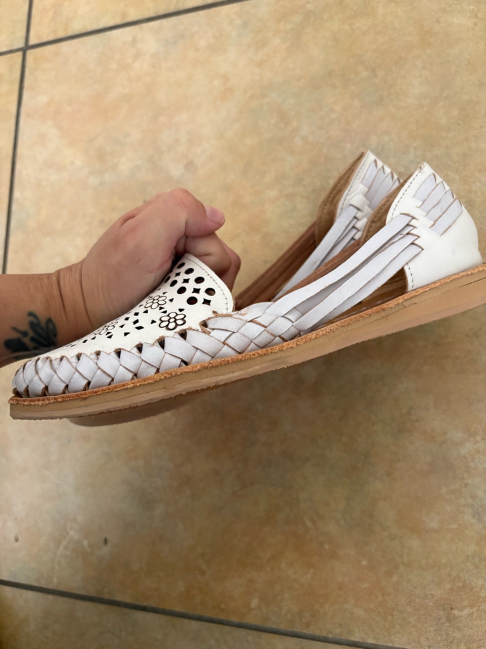 White Woven Leather Huarache Sandals